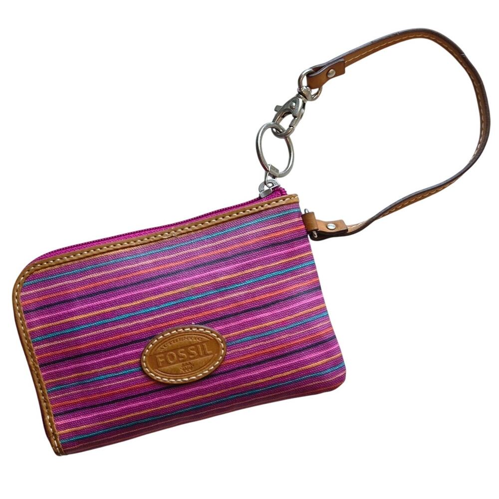 Fossil Striped Canvas Wristlet Wallet Leather Strap Zip Pouch Card Holder